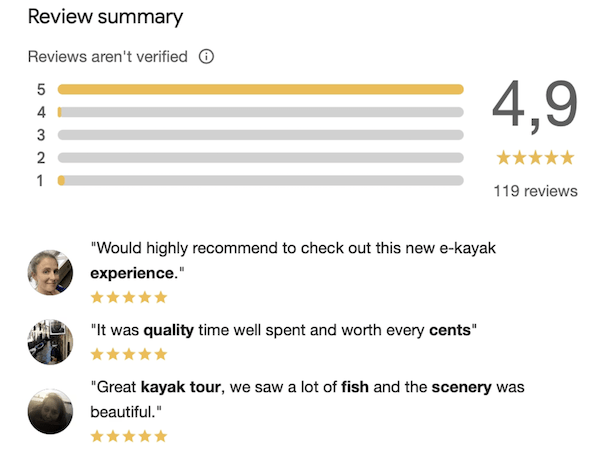 reviews and score of google about e-kayakcanarias